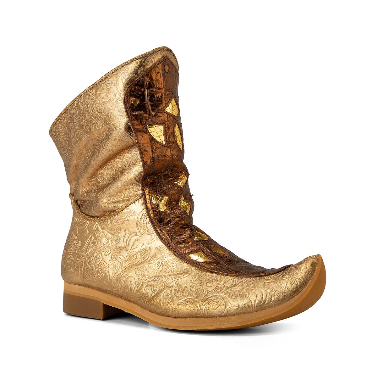 Bota estilo árabe, de piel dorada con adorno frontal marron y dorado